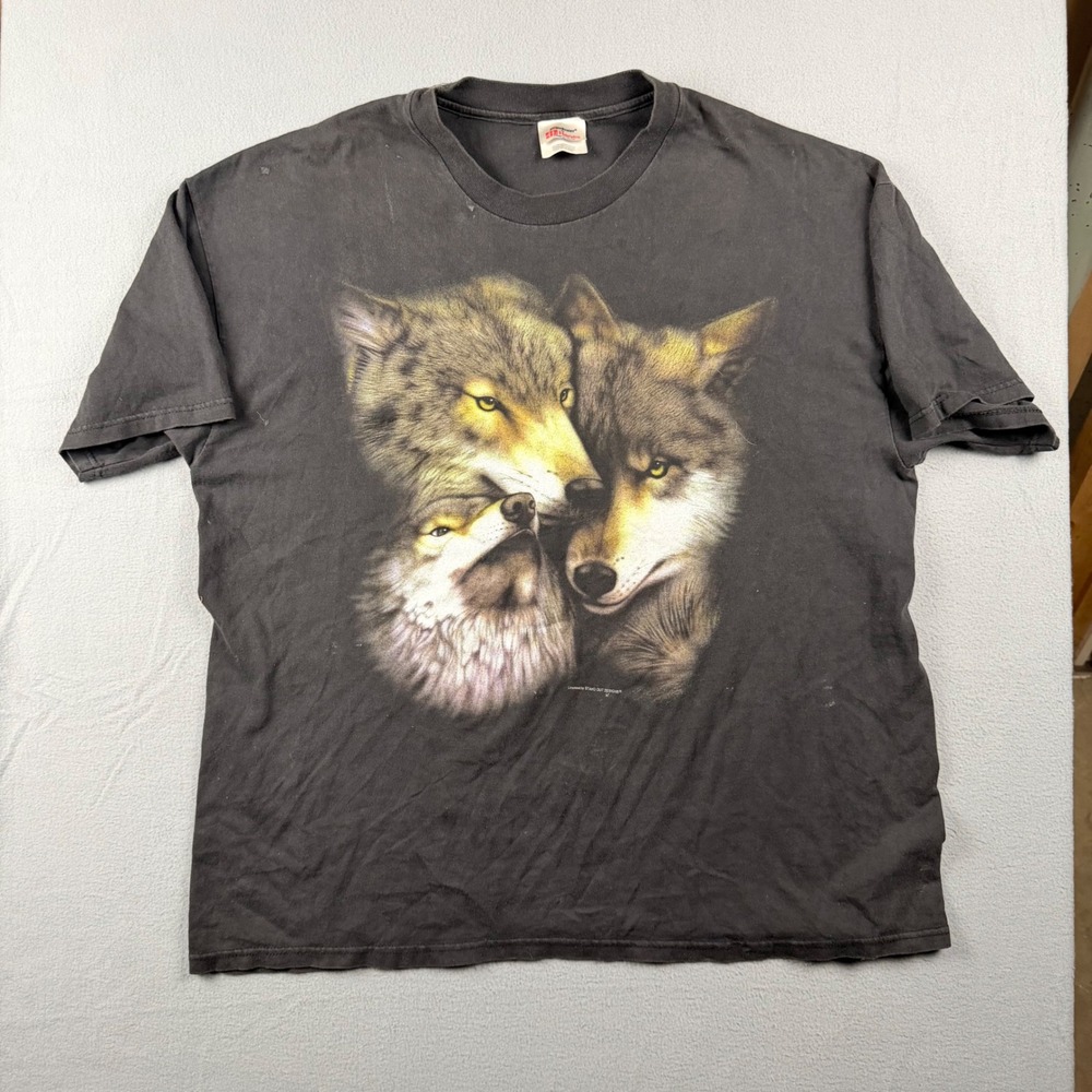 Vintage Stedman Hanes Wolf Graphic T-Shirt Mens XL Black Nature Tee USA Fabric